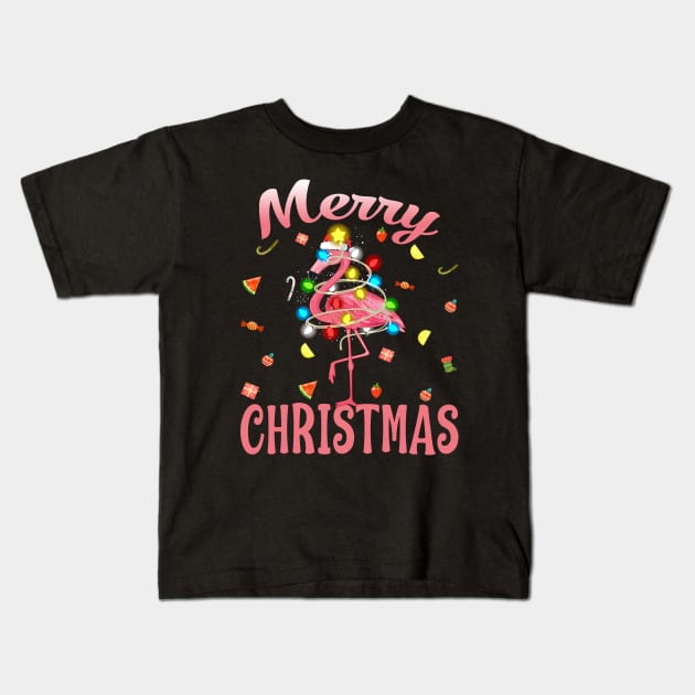 Flamingo in Santa Hat Christmas In July Kids T-Shirt by intelus